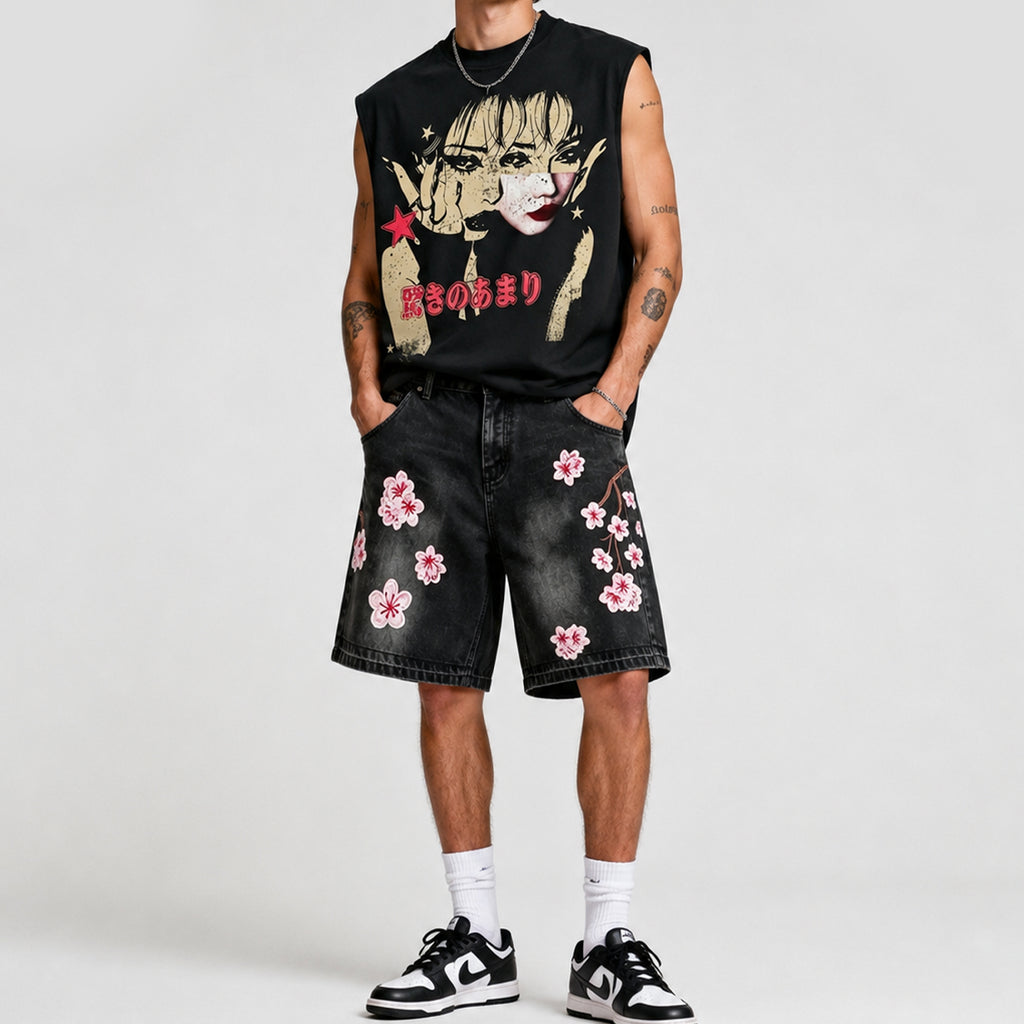Fashion Tokyo Cherry Blossom Character Vest And Jorts Set