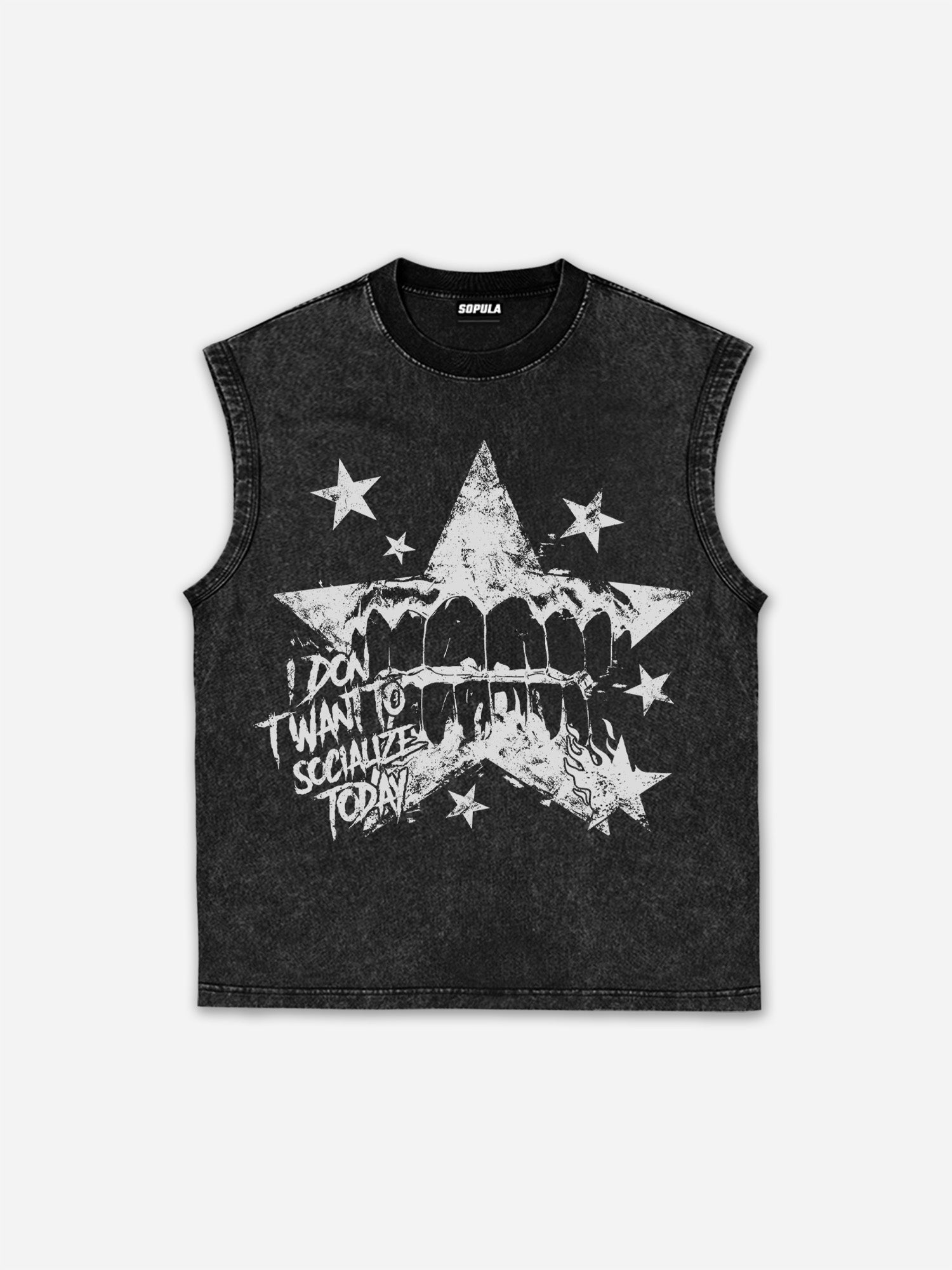Trend Street Text Typesetting Print Acid Washed Tank Top
