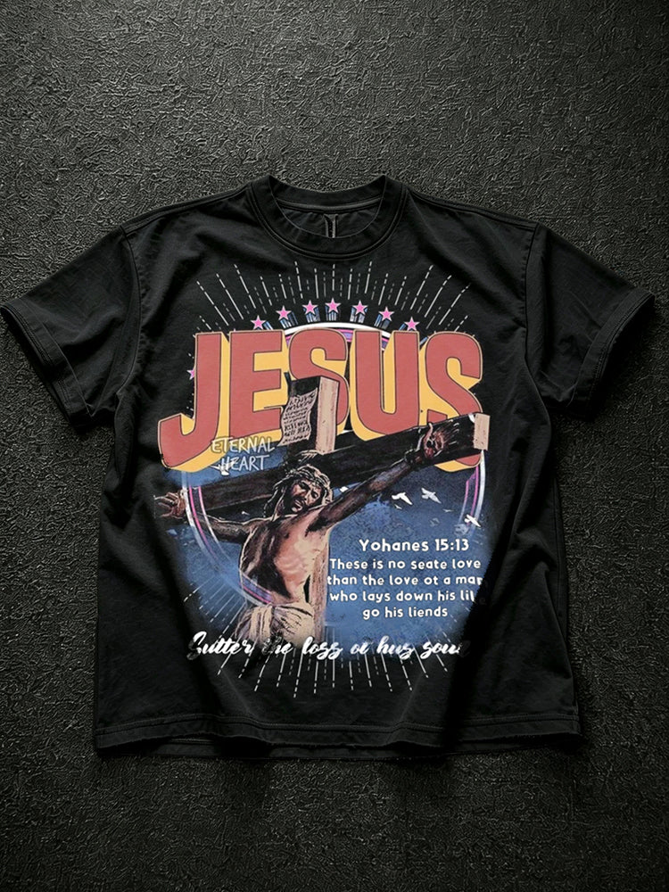 Vintage Jesus Pattern Distressed Pure Cotton T-shirt