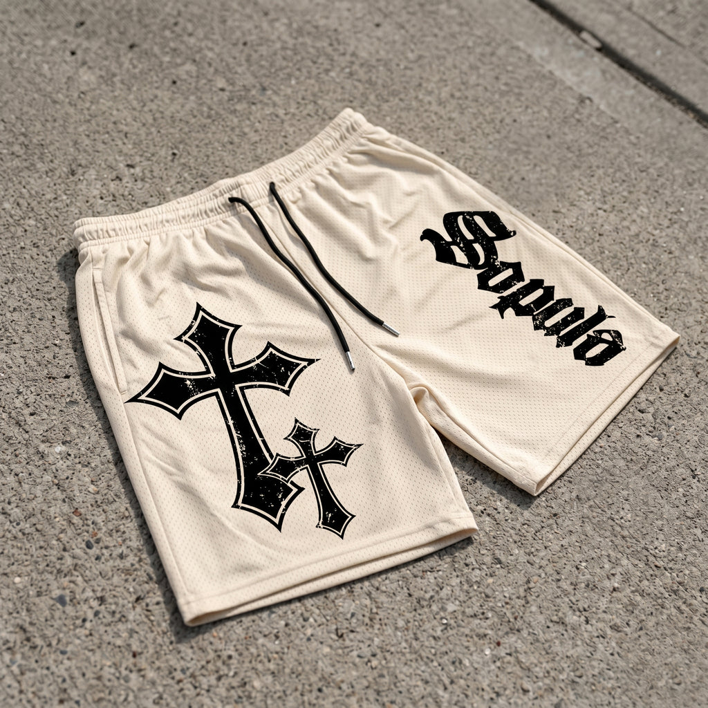 Sopula Cross Religion Graphic Mesh Athletic Shorts