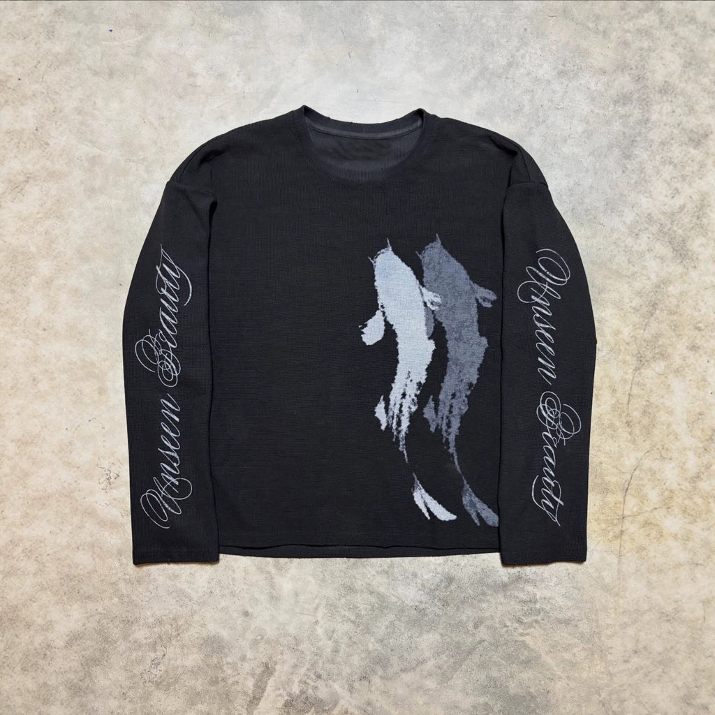Harajuku Y2k Koi Fish Pattern Waffle Long-sleeved Tee