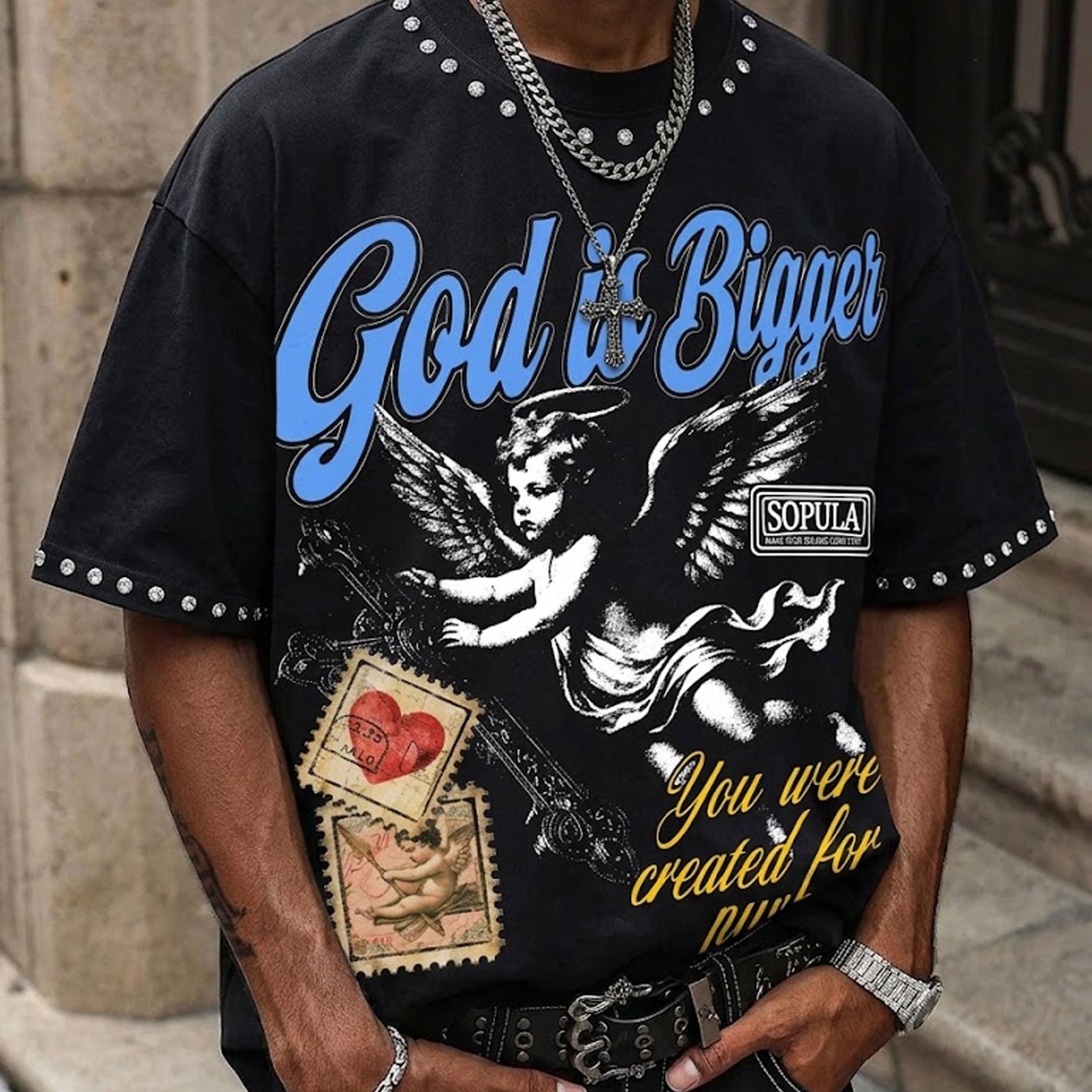 God Is Bigger Vintage Angel Graphic T-shirt