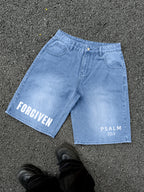 Forgiven Psalm 32：1 Print Graphic Denim Shorts