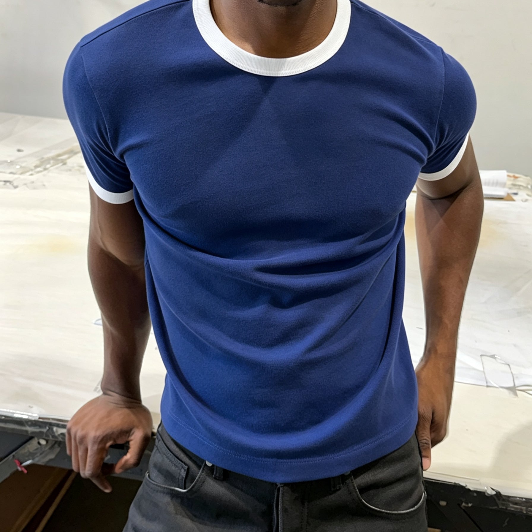 Contrasting Color-blocked Pure Cotton Crew Neck  Tee