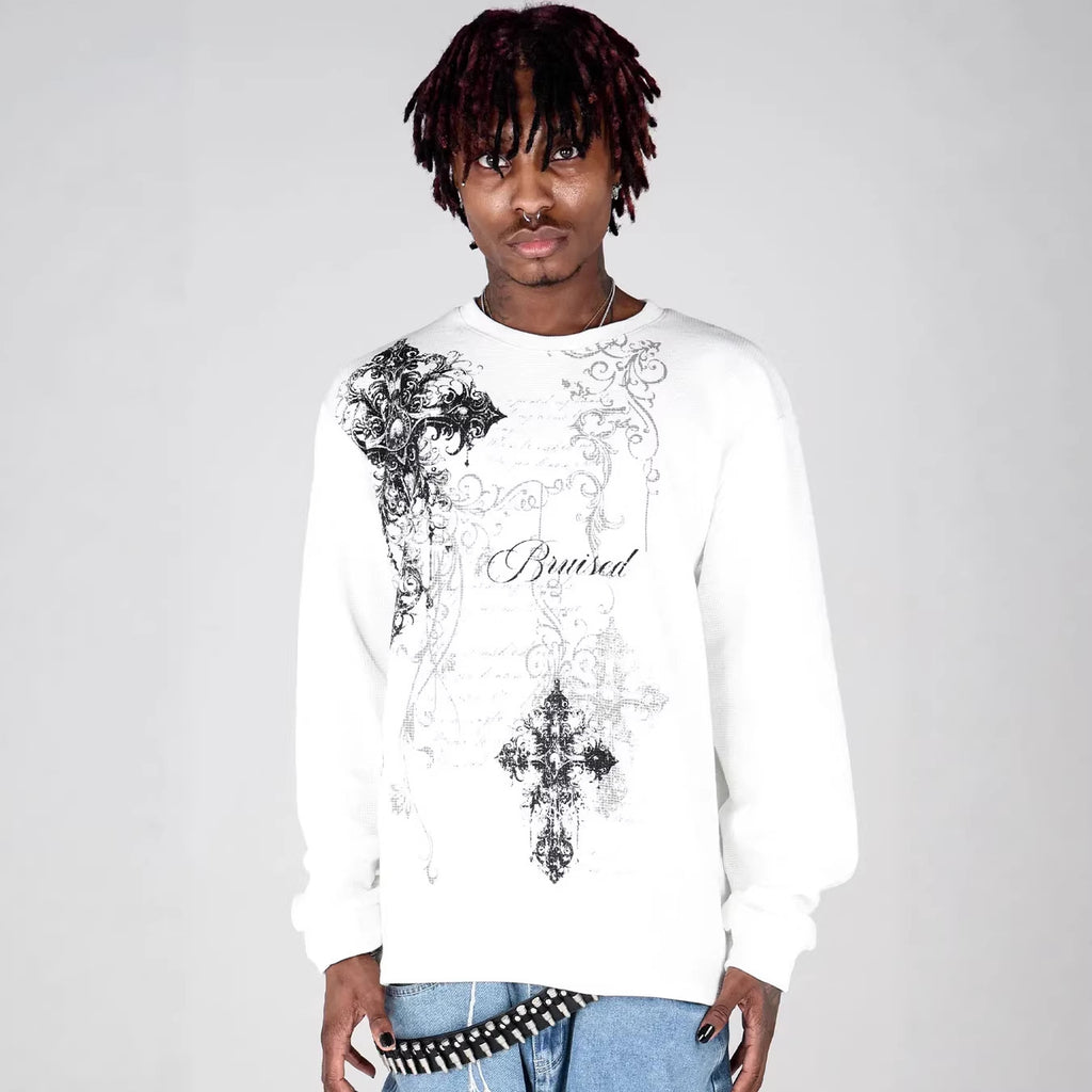 Gothic Cross Loose Waffle Long-sleeve T-shirt