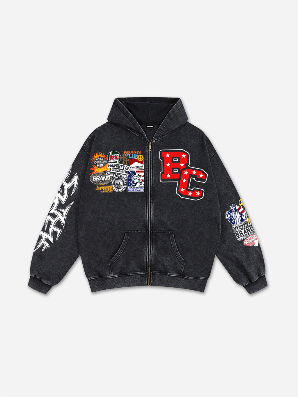 Vintage Warzone Peace Club Graphic Acid Washed Oversized Zip-up Hoodie
