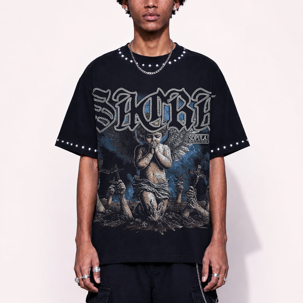 Sacra Retro Angel Graphic Cotton T-shirt