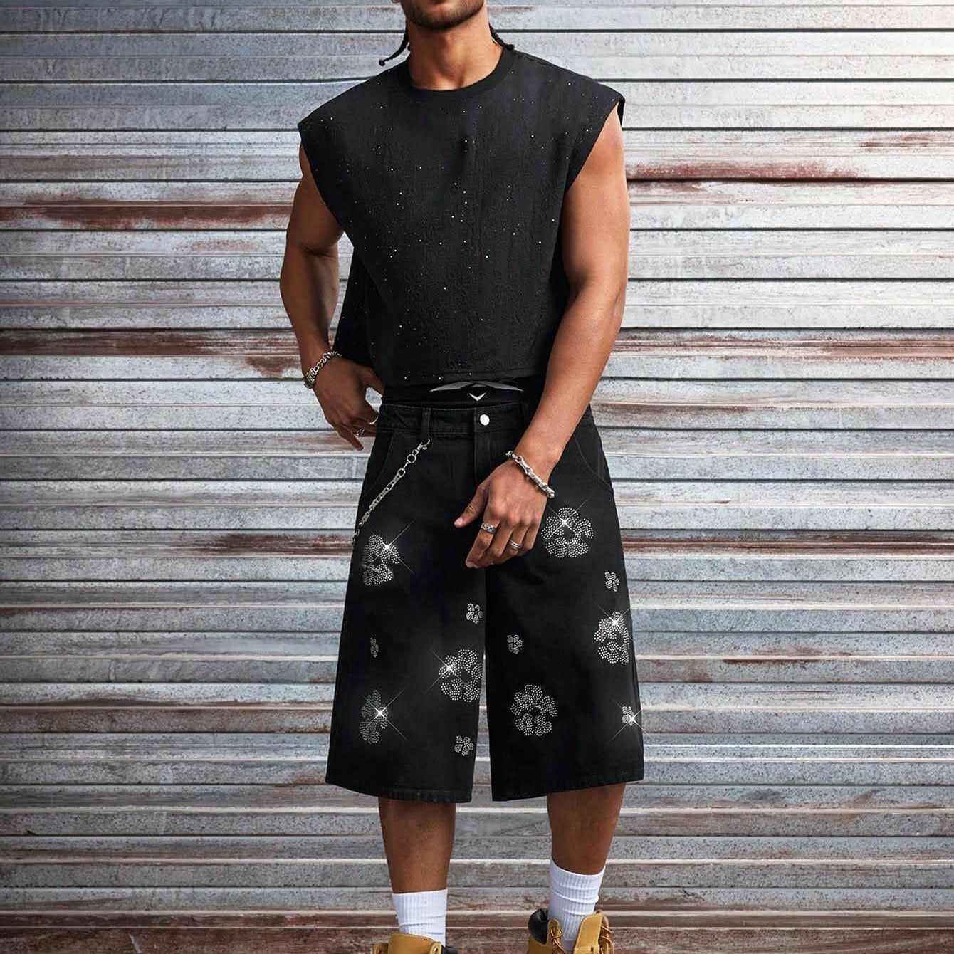 Men's Y2k Trendy Floral Rhinestone Loose Denim Shorts