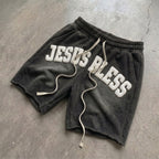 Jesus Bless Foaming Process Graphic Washed Shorts