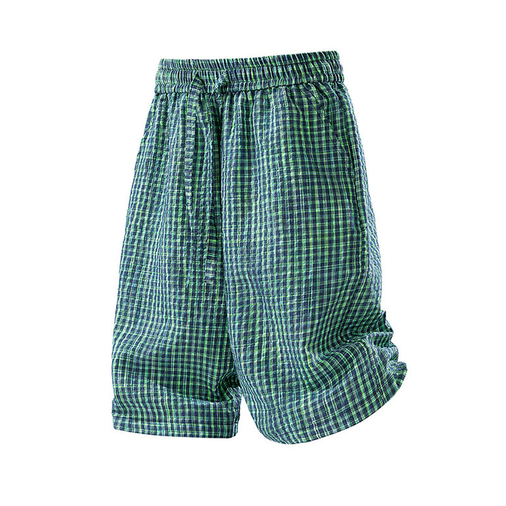 Textured Fabric Plaid Drawstring Casual Capri Pants