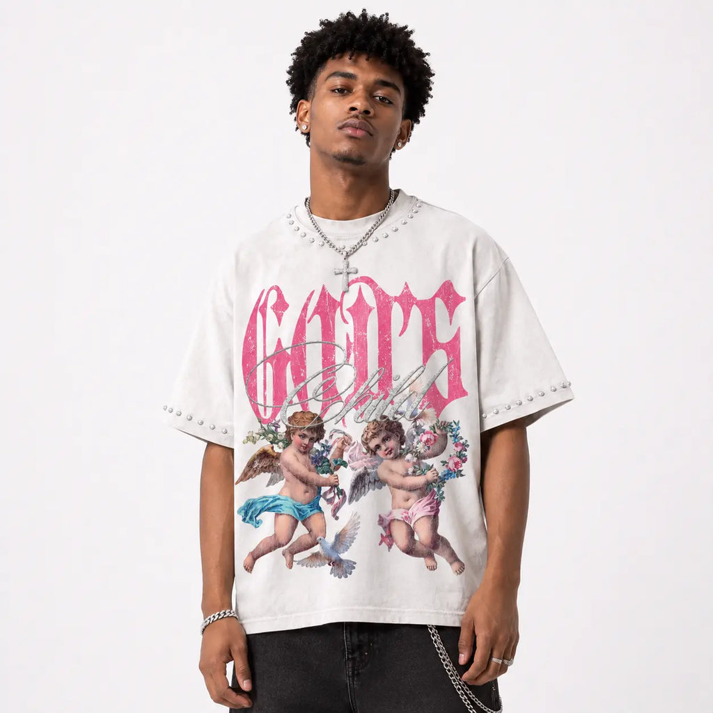 God's Child Retro Flowers Angel Graphic Rhinestone T-shirt