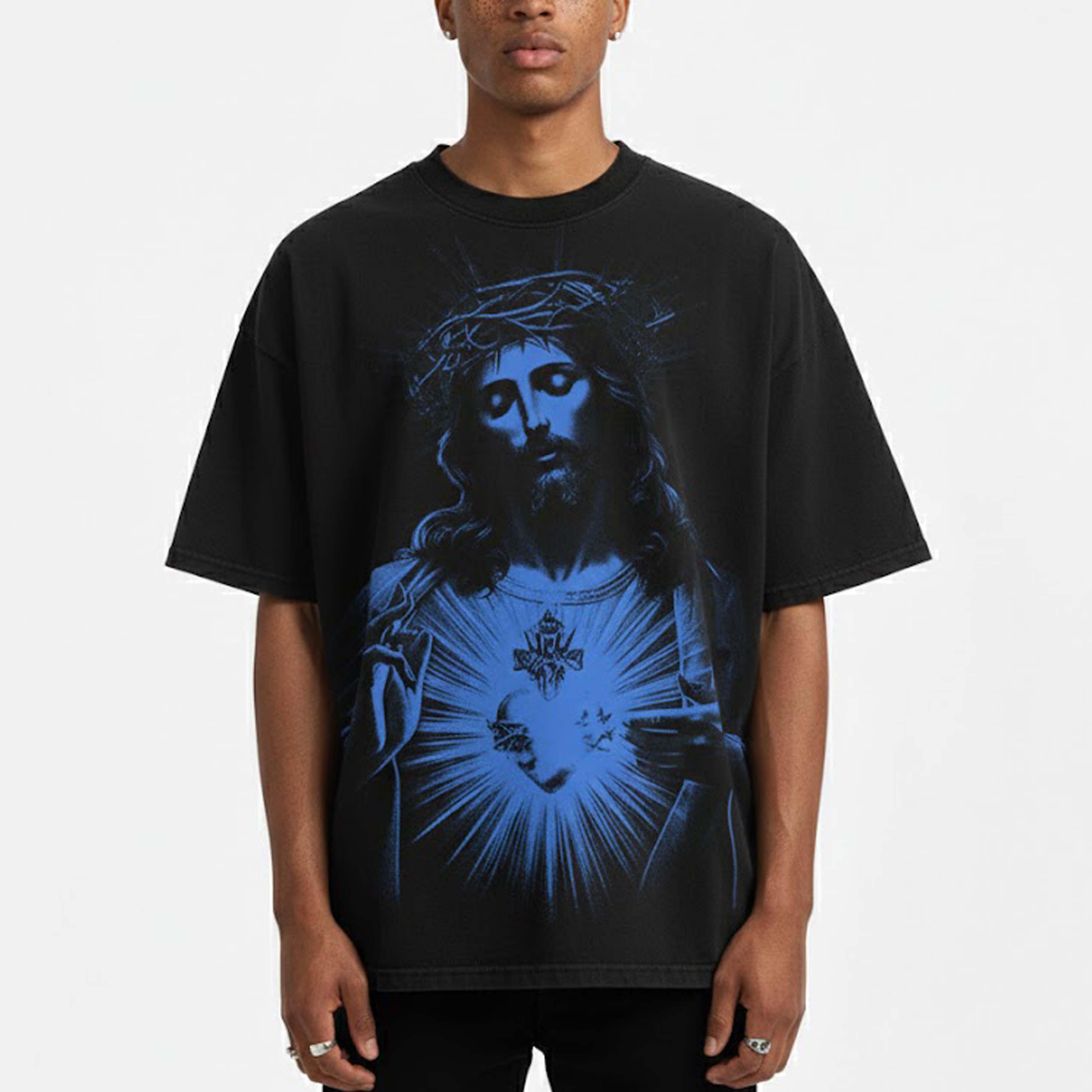 Vintage Jesus Print Round Neck T-shirt