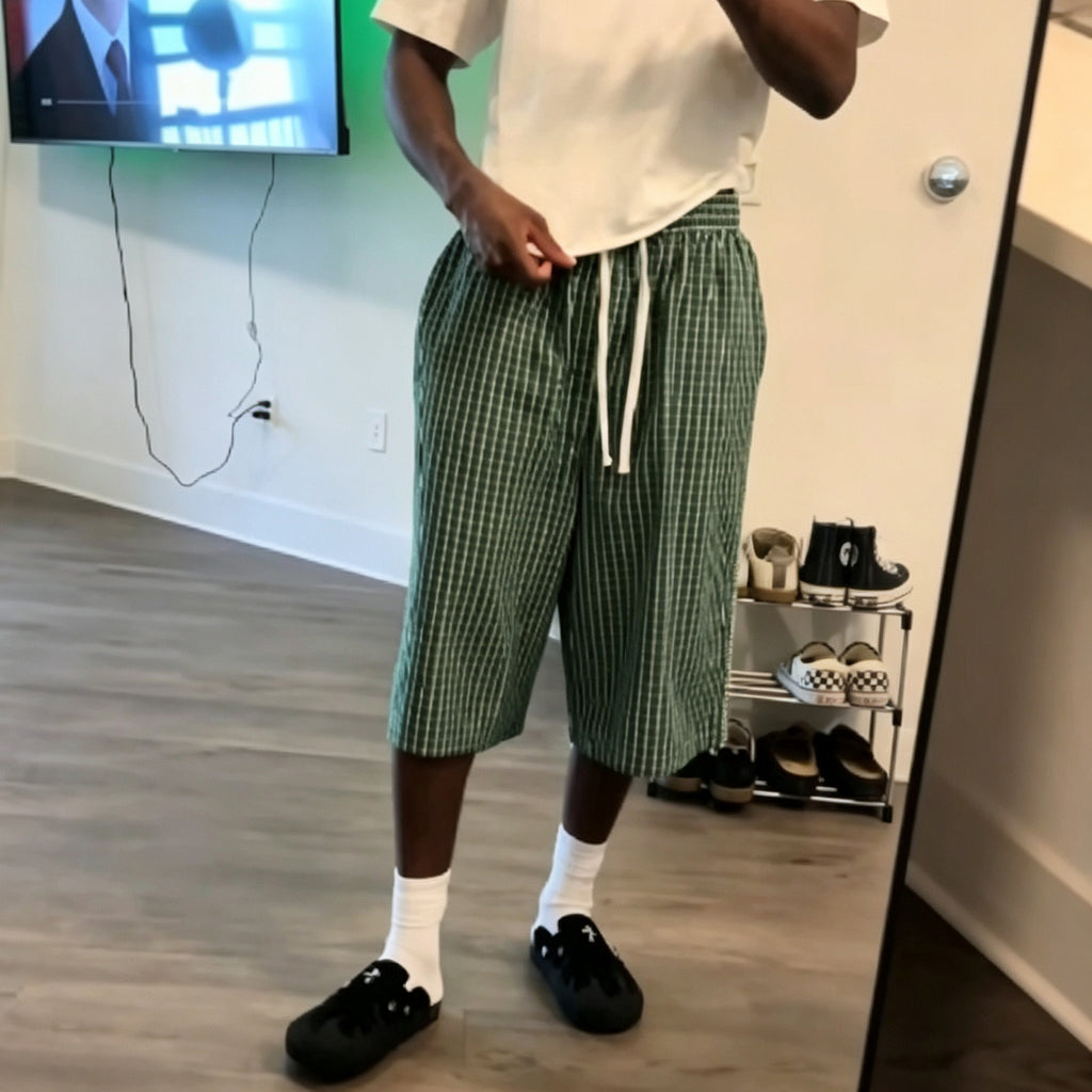 Textured Fabric Plaid Drawstring Casual Capri Pants
