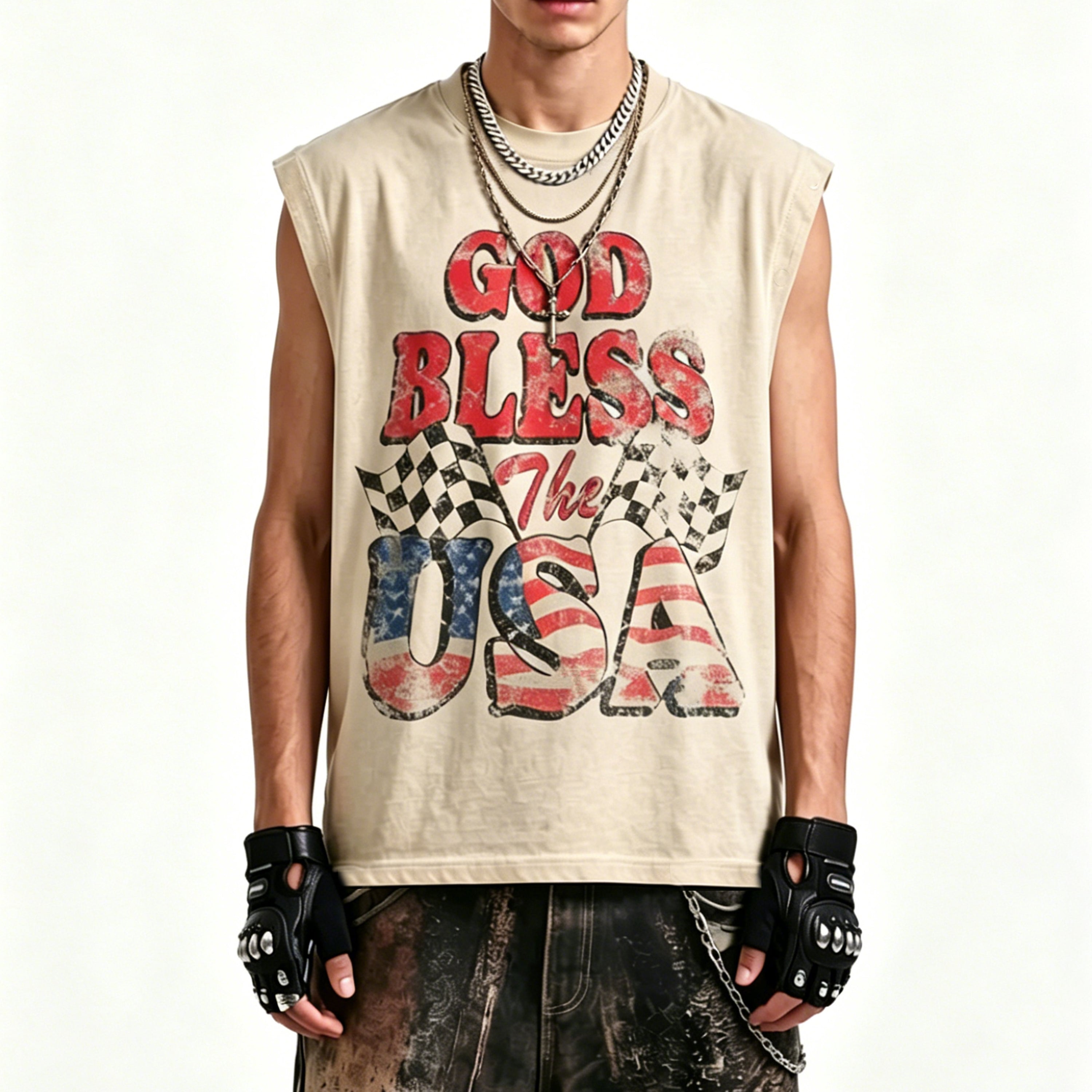 Retro Sleeveless God Bless Usa  Graphic Tank Top