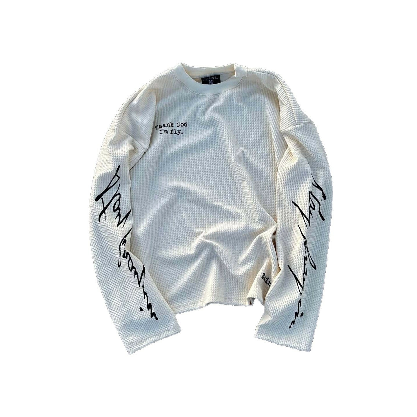 Thank God Y2k Saint Letter Print Waffle Knit Long-sleeve T-shirt