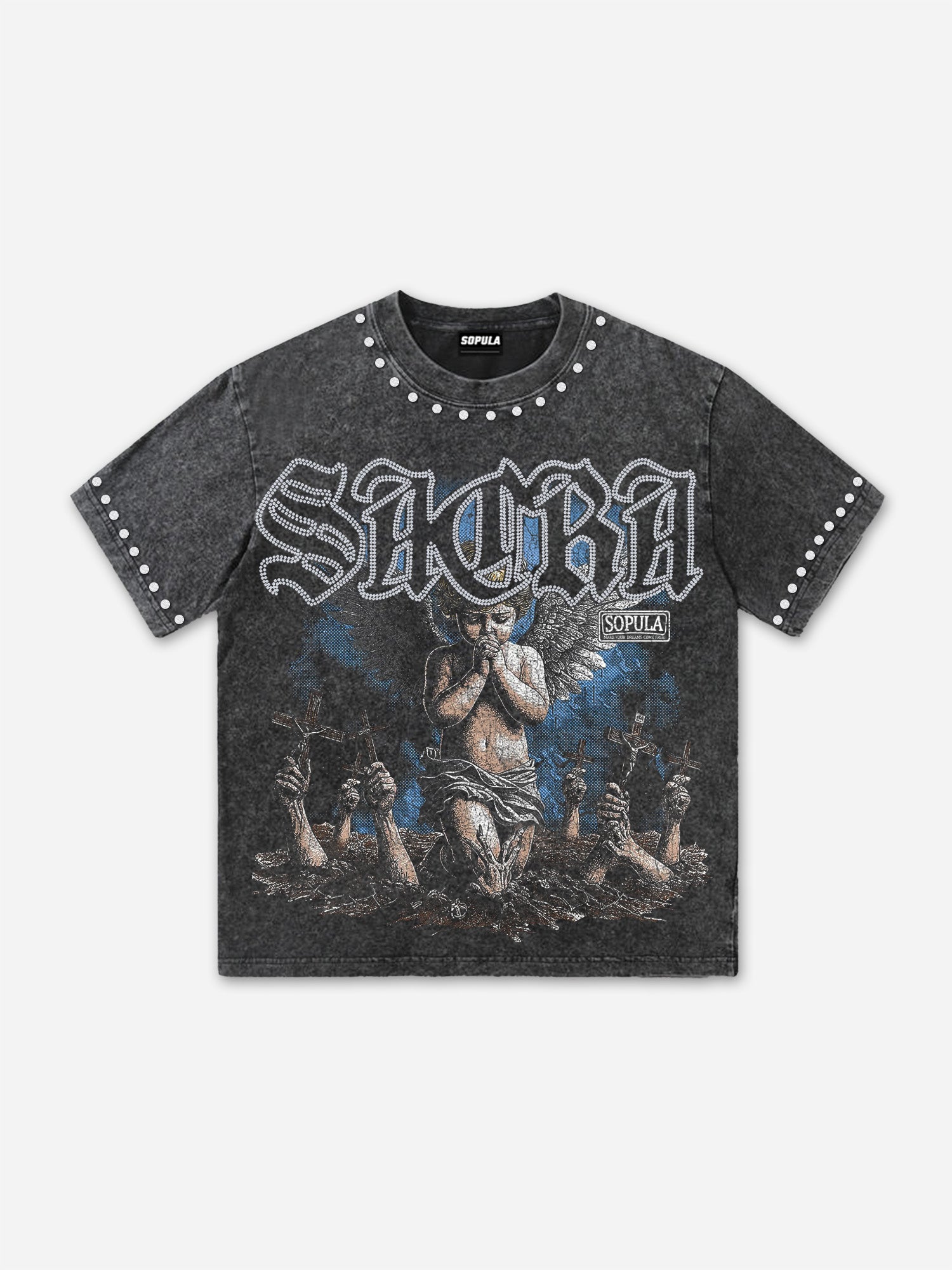 Angel Cross Retro Artistic Graphic Acid Washed T-shirt