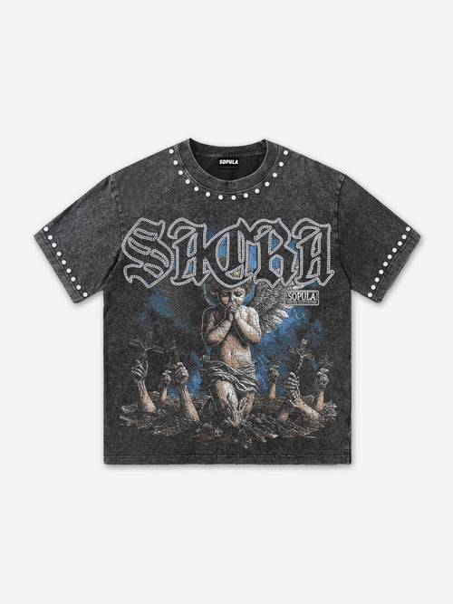 Angel Cross Retro Artistic Graphic Acid Washed T-shirt