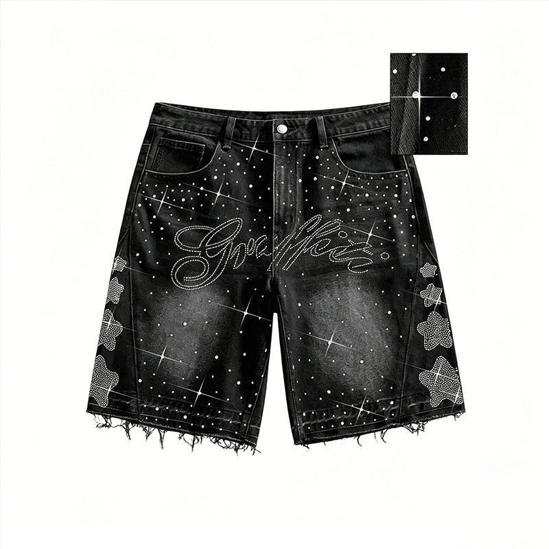 Vintage Y2k Trendy Star Letter Rhinestone Loose Denim Shorts
