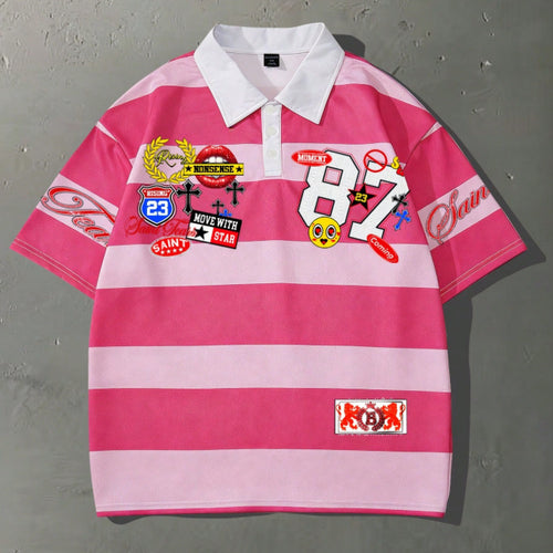 Casual Street Style Striped Polo Collar Long-sleeved T-shirt