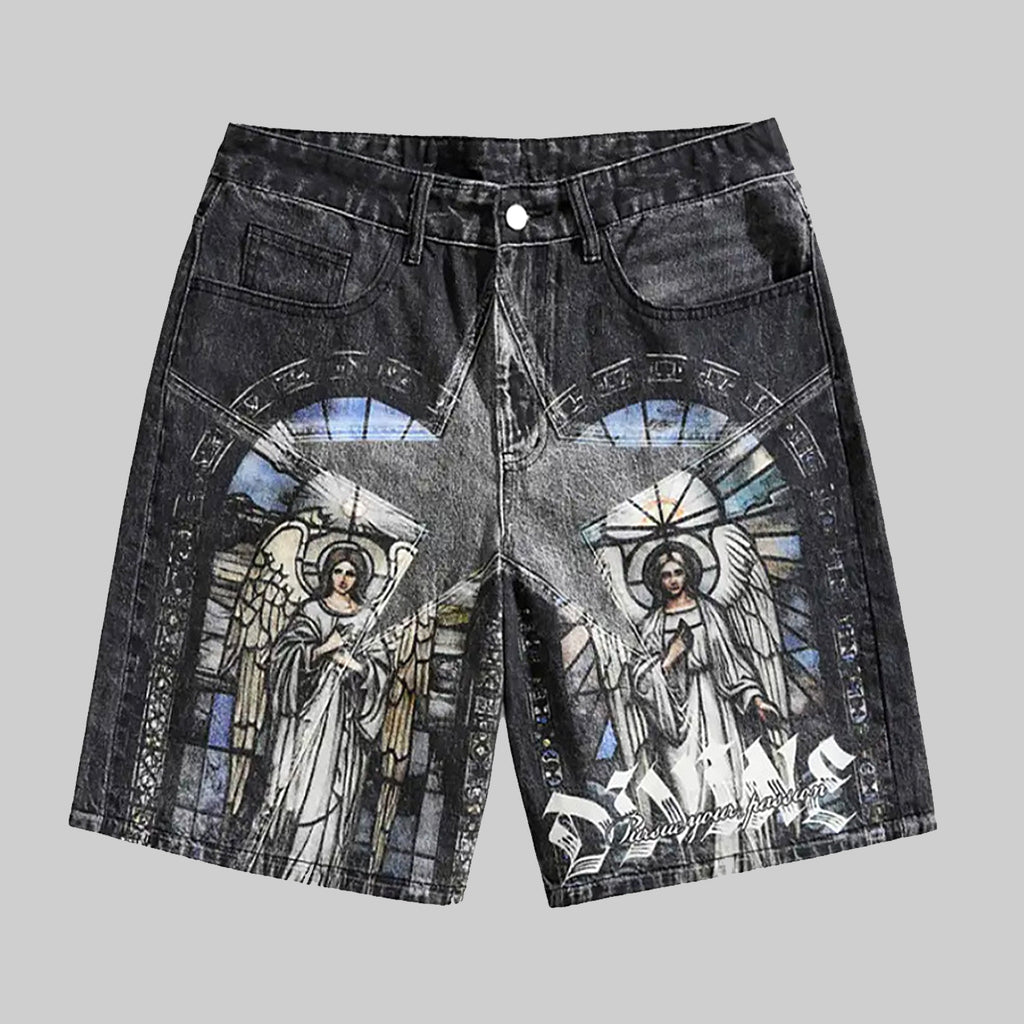 Retro Saint Mary Print Denim Shorts