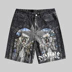 Retro Saint Mary Print Denim Shorts