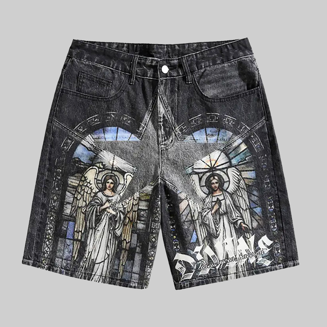 Retro Saint Mary Print Denim Shorts