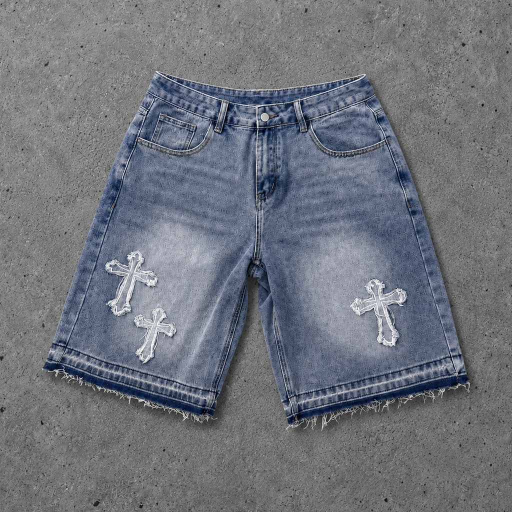 Vibes Turbo Lives T-shirt & Distressed Cross Appliqué Denim Shorts