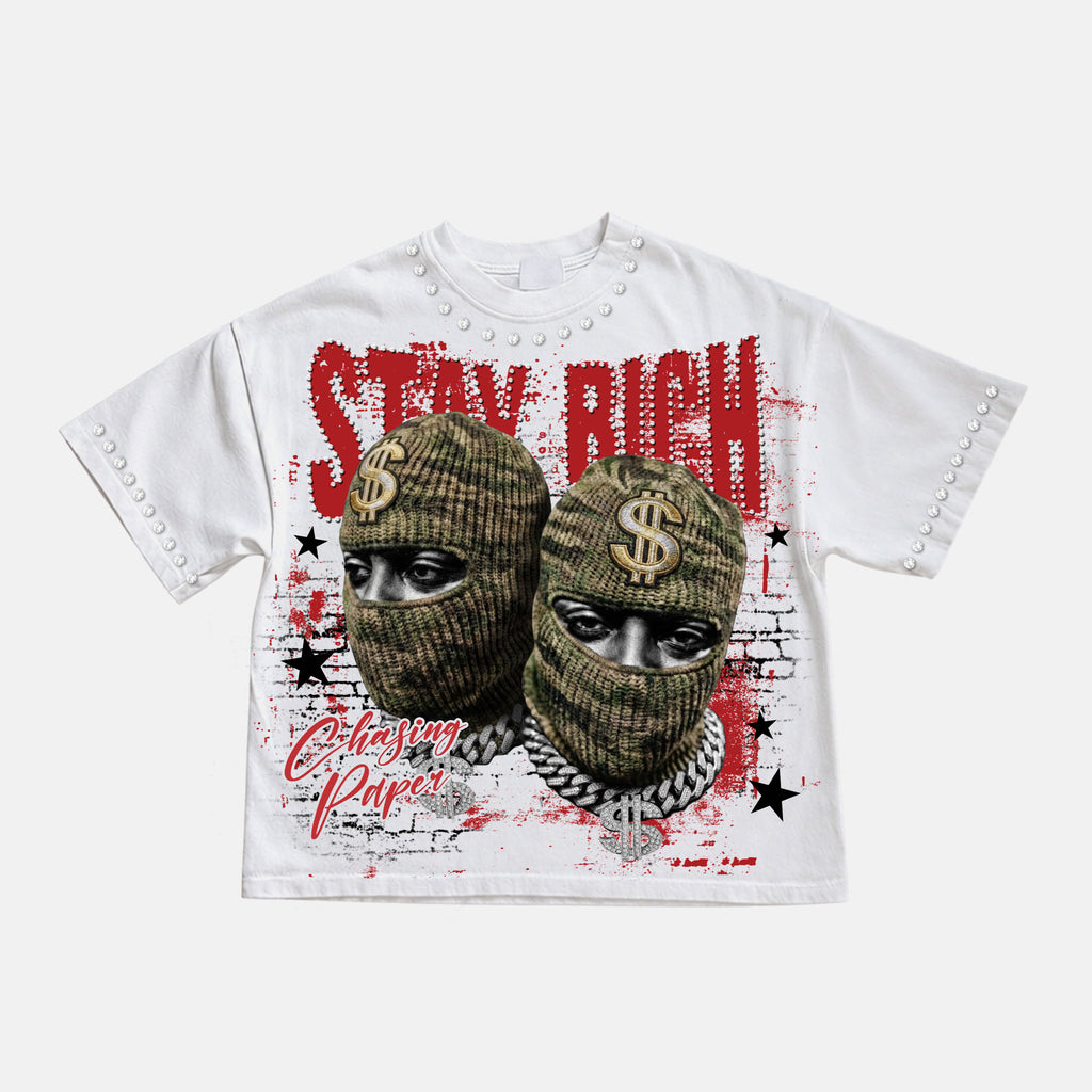 Stay Rich Street Money Character Graphic Rhinestone Cropped T-shirt