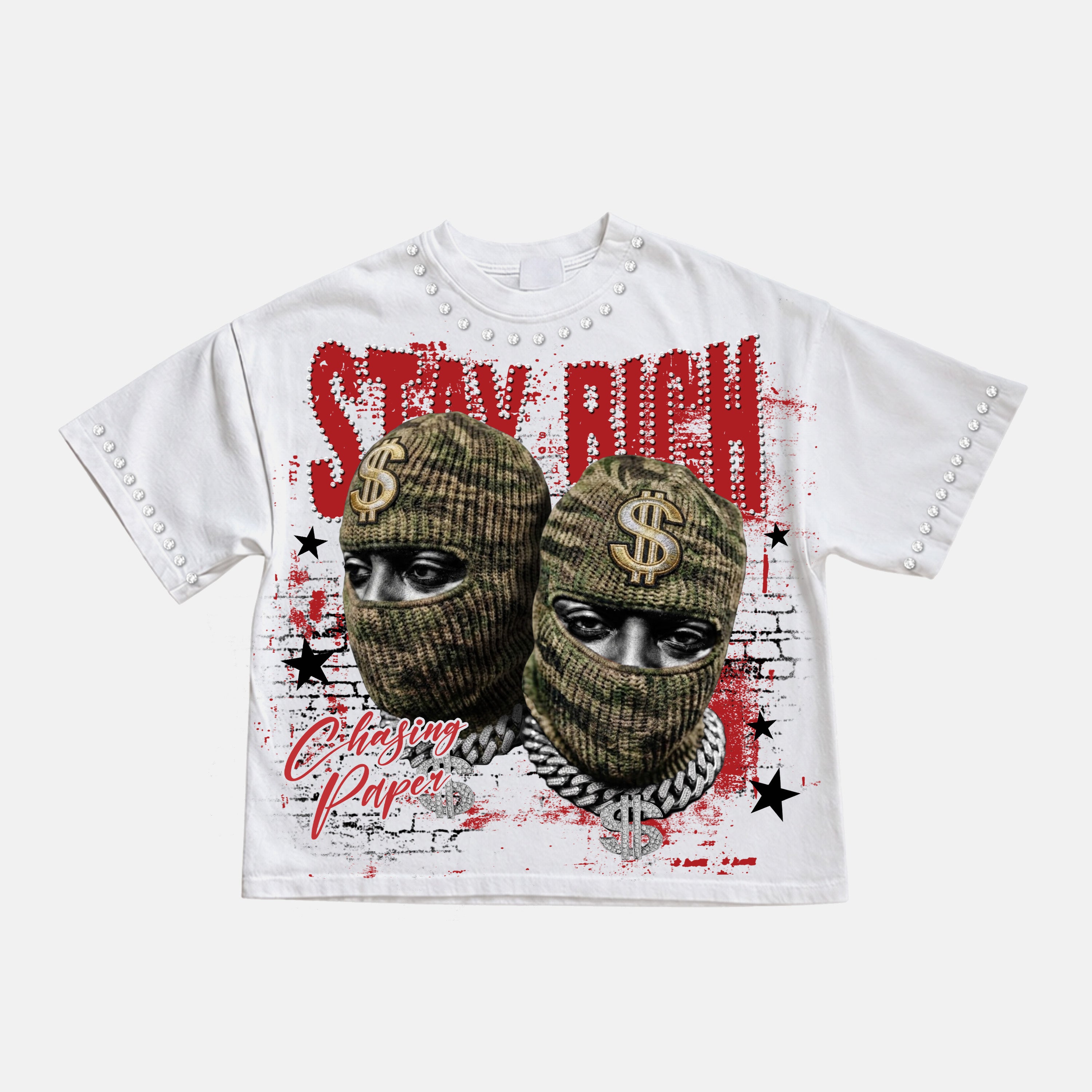 Stay Rich Street Money Character Graphic Rhinestone Cropped T-shirt