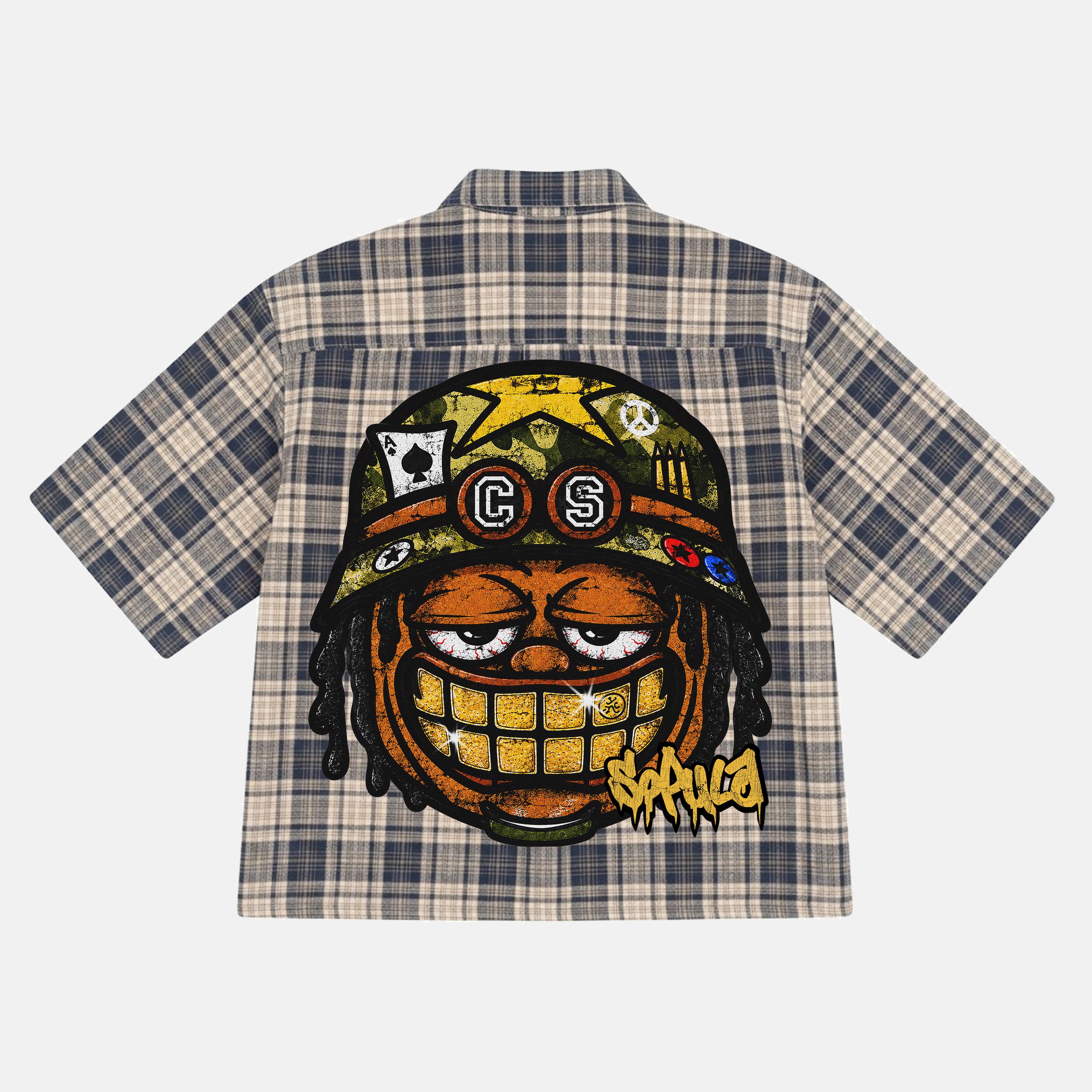 Graffiti Big Head Warrior Graphic Plaid Jacket Shirt