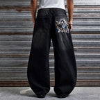 Men's Retro Madonna Embroidered Baggy Scimitar Washed Jeans