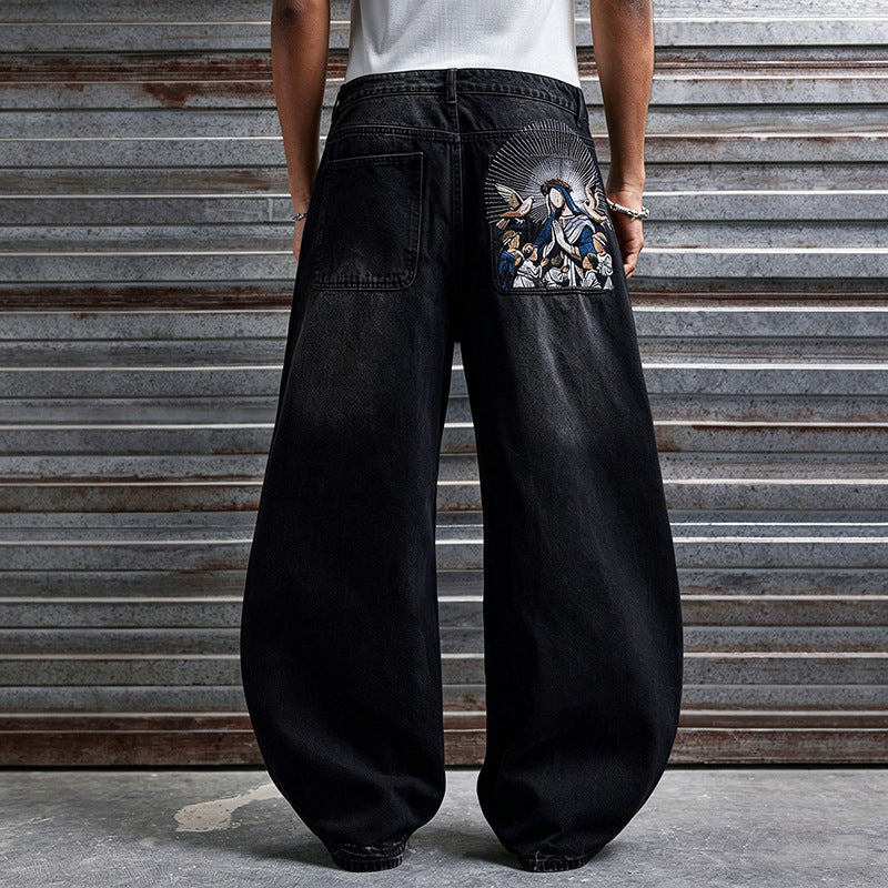 Men's Retro Madonna Embroidered Baggy Scimitar Washed Jeans
