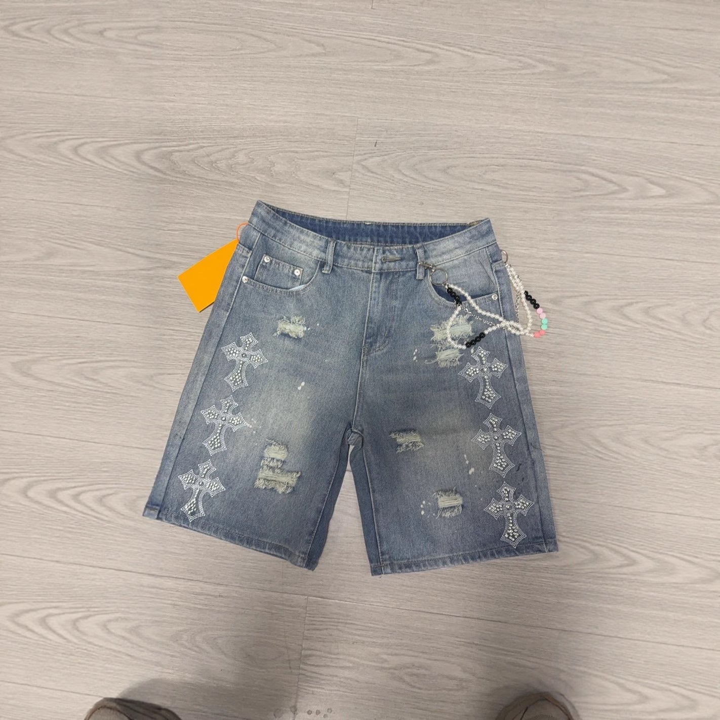 Washed Distressed Cross AppliquÉ Rhinestone Y2k Denim Shorts