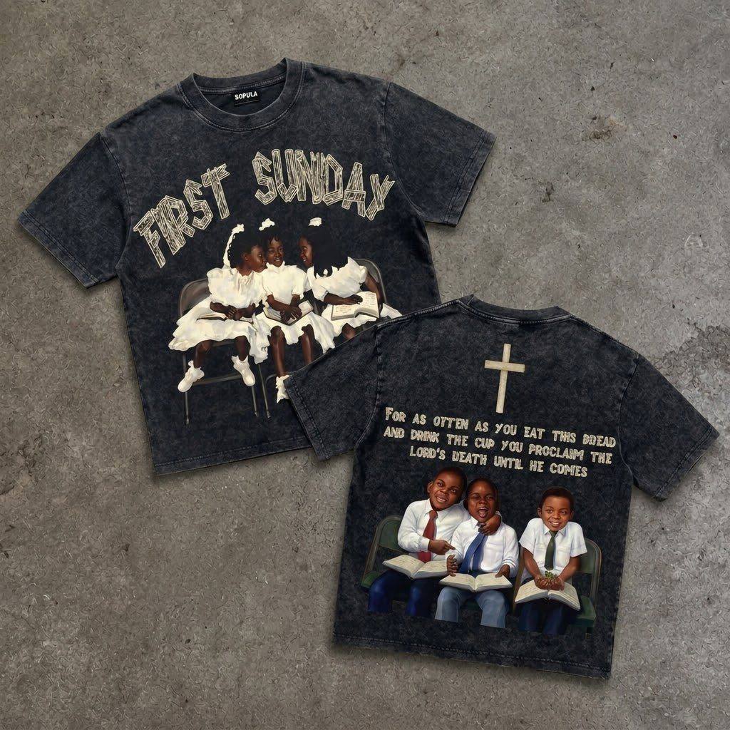 First Sunday Faith Graphic Acid Washed T-shirt & Distressed Cross Appliqué Denim Shorts Set