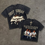 First Sunday Faith Graphic Acid Washed T-shirt & Distressed Cross Appliqué Denim Shorts Set