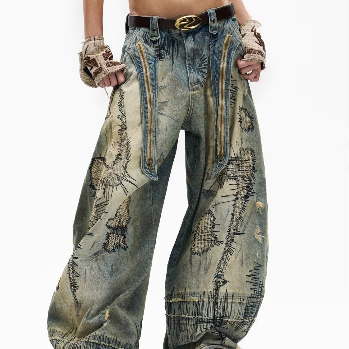 Hand Stitched Distressed Baggy Jeans