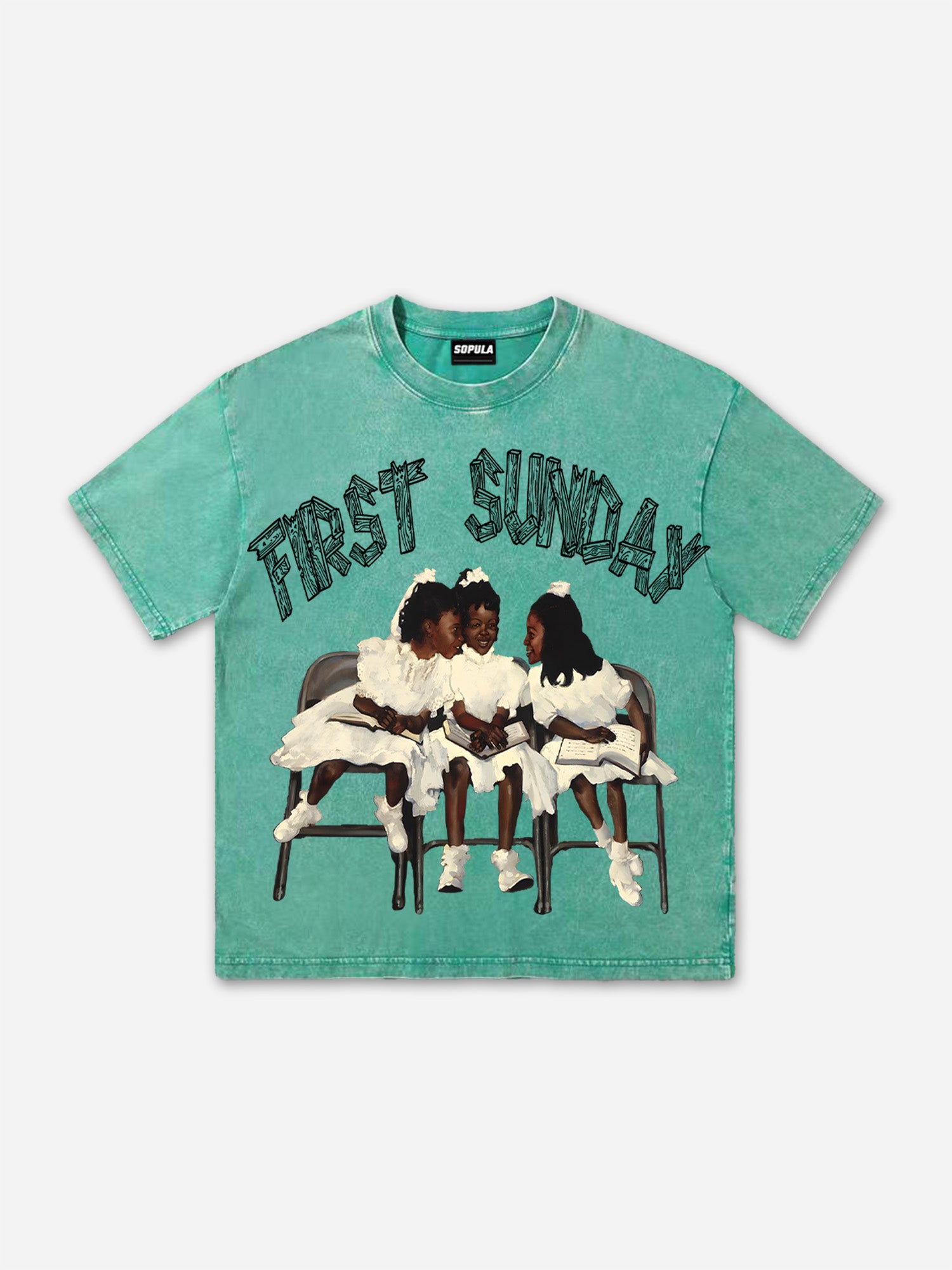 Retro First Sunday Faith Graphic Print Acid Washed T-shirt