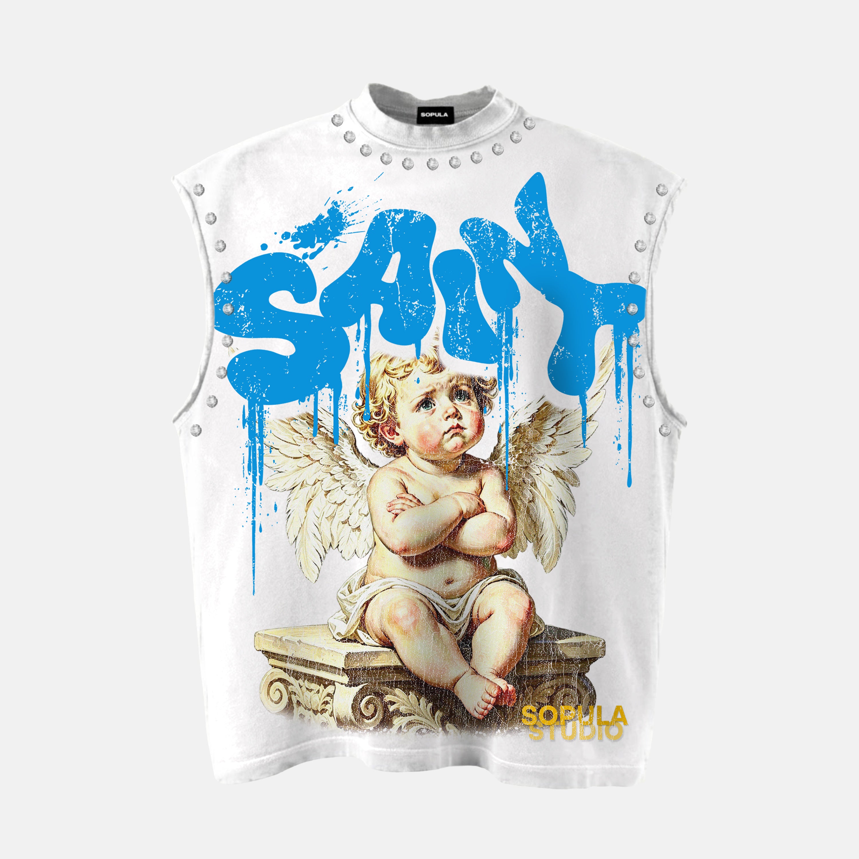 Saint The Contemplative Angel Graphic Rhinestone Tank Top