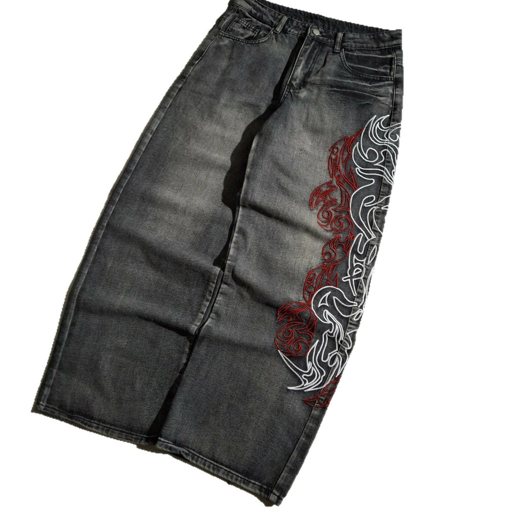 Retro Letter High Street Scimitar Stitching Wide Jeans