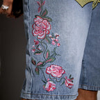 Men's Fashion Floral Letter Embroidered Denim Shorts Jorts