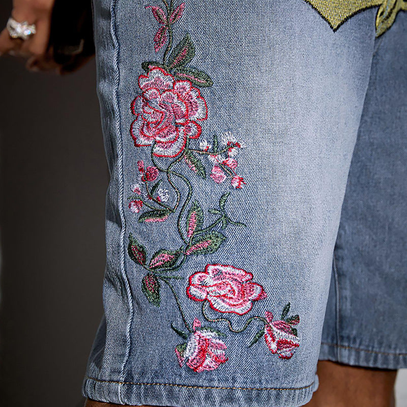Men's Fashion Floral Letter Embroidered Denim Shorts Jorts
