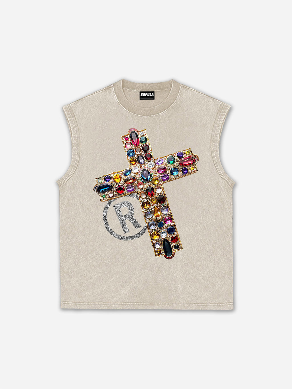 Diamond Cross Graphic Casual Acid Washed Tank Top