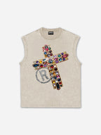 Diamond Cross Graphic Casual Acid Washed Tank Top