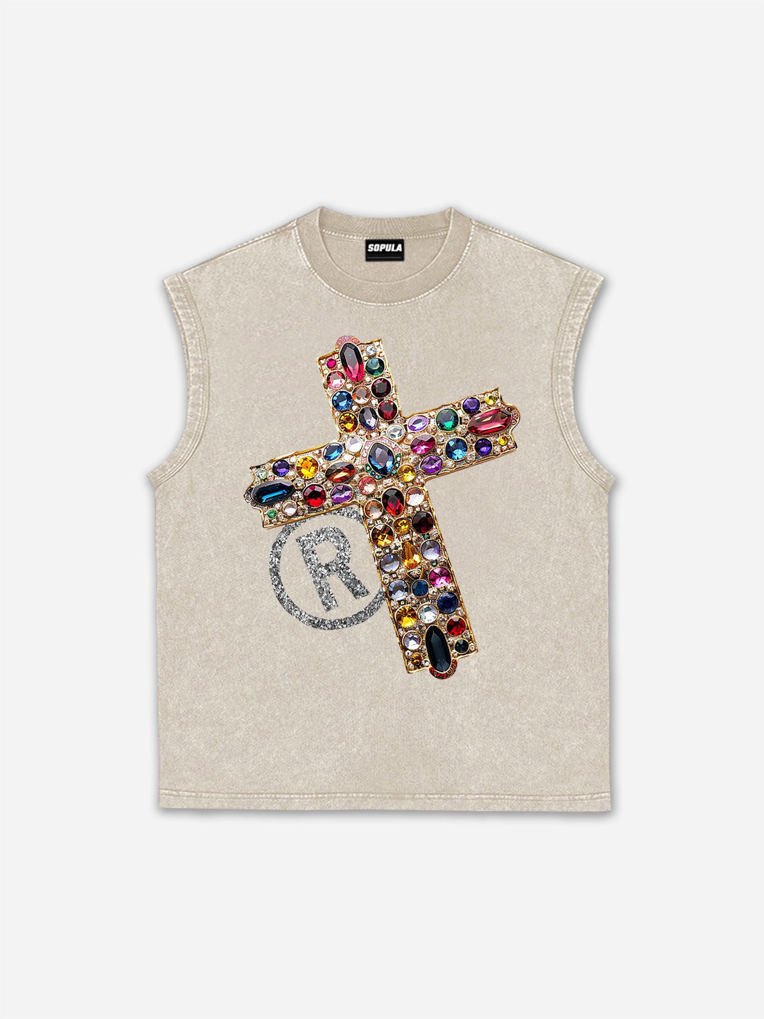 Diamond Cross Graphic Casual Acid Washed Tank Top