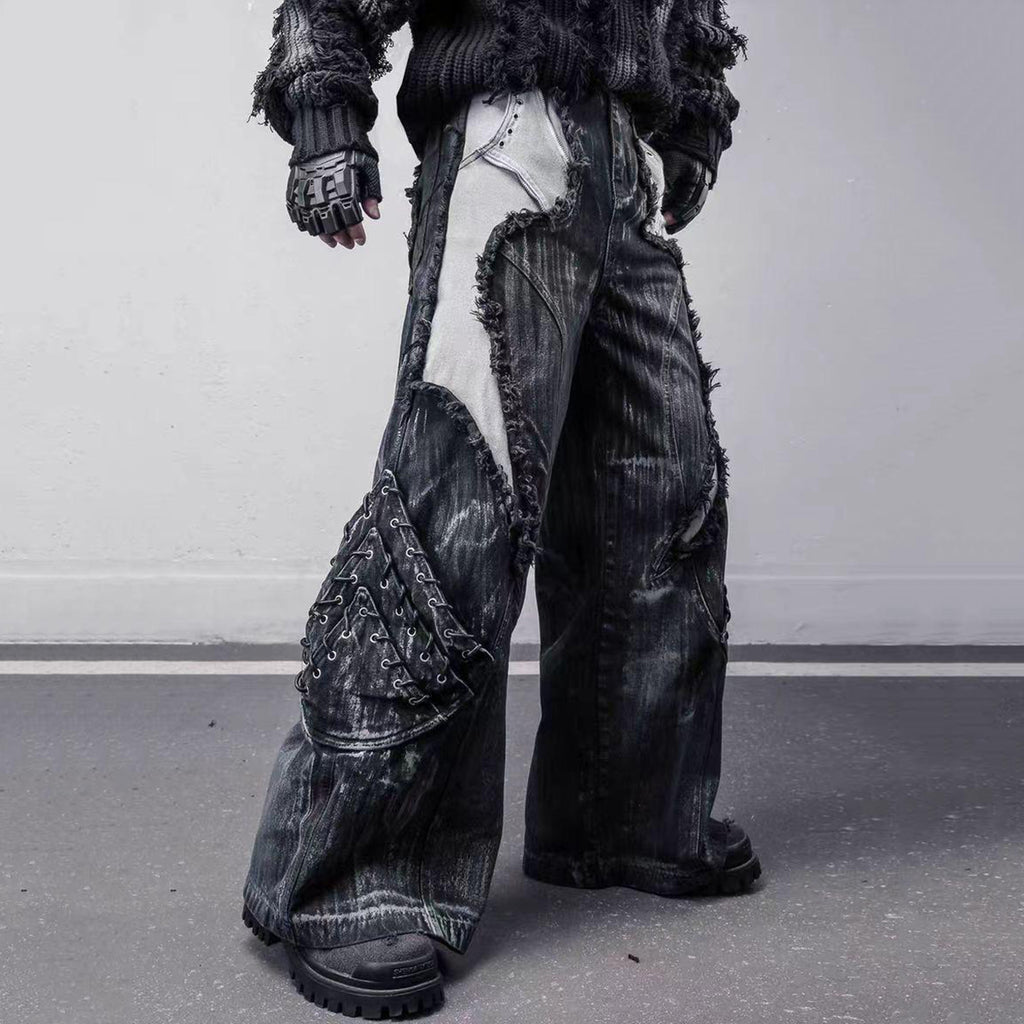 Washed Fringed Patchwork Ripped Lantern Jeans