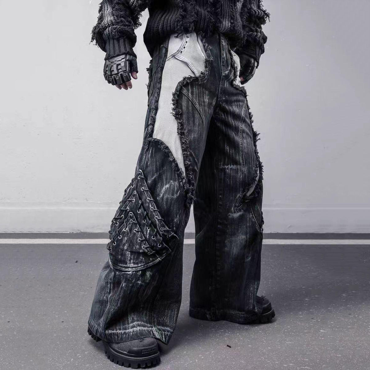 Washed Fringed Patchwork Ripped Lantern Jeans