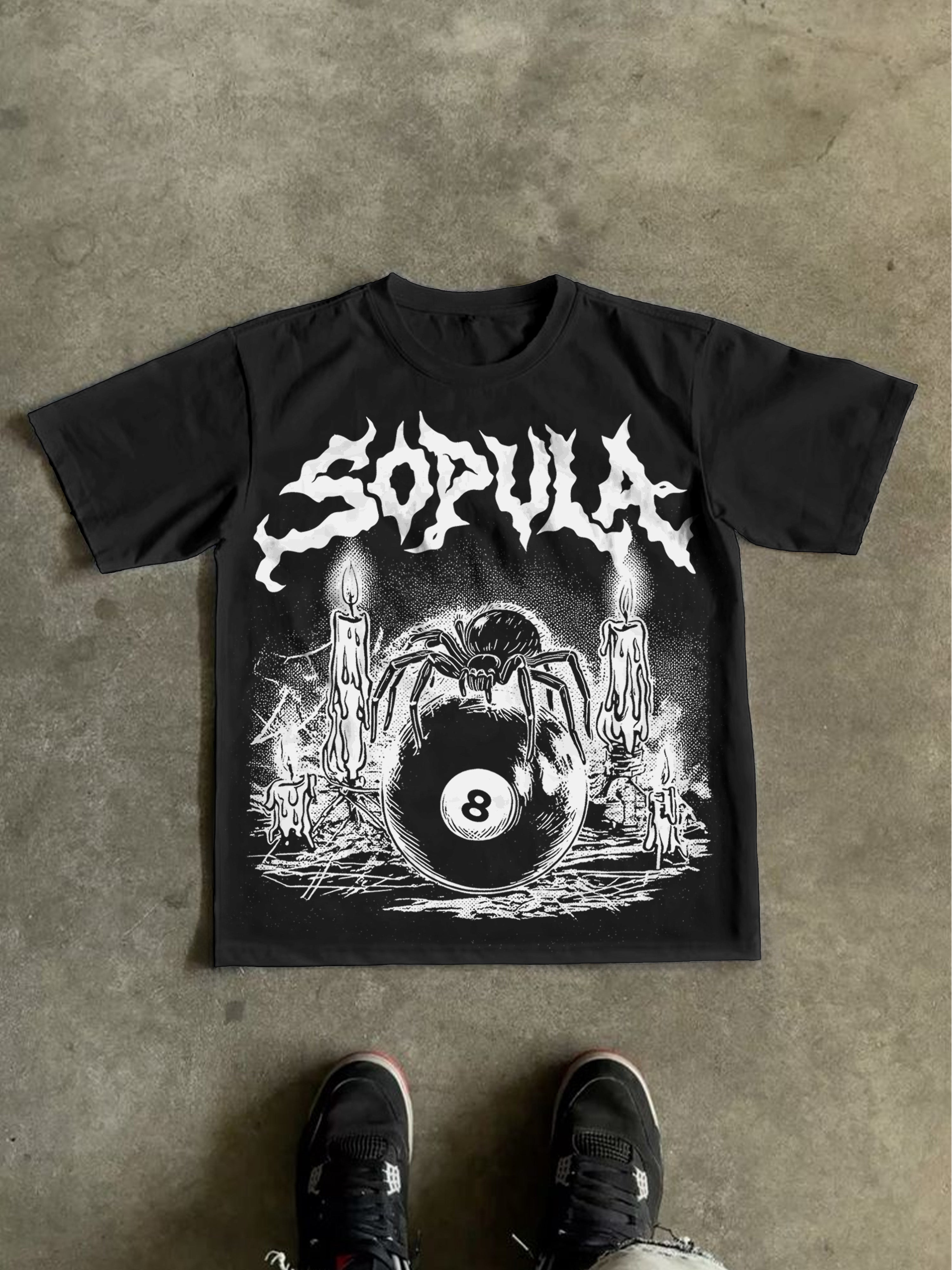 Vintage Gothic Melting Candle Black 8 Spider Graphic Cotton T-shirt
