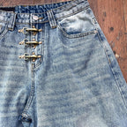 Vintage Metal Buckle Washed Sloping Jeans