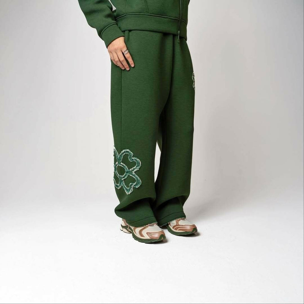 Stylish Four-leaf Clover Embroidered Zip-up Sweatshirt And Sweatpants Set