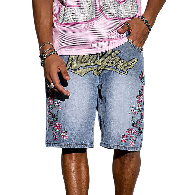Men's Fashion Floral Letter Embroidered Denim Shorts Jorts